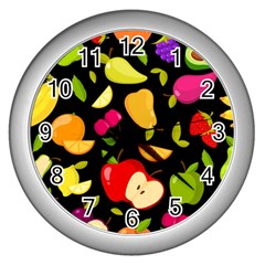 Vector Seamless Summer Fruits Pattern Black Background Wall Clock (silver) by Vaneshart