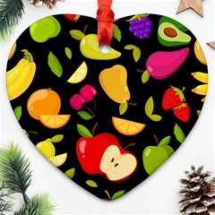 Vector Seamless Summer Fruits Pattern Black Background Heart Ornament (two Sides) by Vaneshart