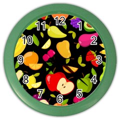 Vector Seamless Summer Fruits Pattern Black Background Color Wall Clock by Vaneshart