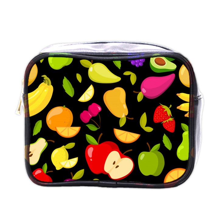 Vector Seamless Summer Fruits Pattern Black Background Mini Toiletries Bag (One Side)