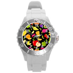 Vector Seamless Summer Fruits Pattern Black Background Round Plastic Sport Watch (l) by Vaneshart