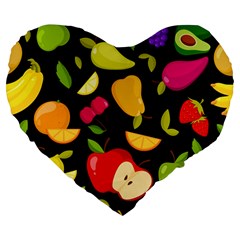 Vector Seamless Summer Fruits Pattern Black Background Large 19  Premium Flano Heart Shape Cushions by Vaneshart