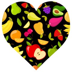 Vector Seamless Summer Fruits Pattern Black Background Wooden Puzzle Heart