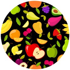 Vector Seamless Summer Fruits Pattern Black Background Wooden Puzzle Round