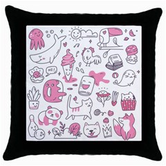 Set Kawaii Doodles Throw Pillow Case (black) by Vaneshart