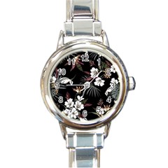 Beautiful Artistic Dark Tropical Pattern Round Italian Charm Watch by Vaneshart