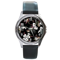 Beautiful Artistic Dark Tropical Pattern Round Metal Watch by Vaneshart