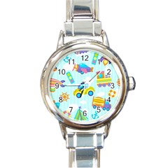 Transport Toy Seamless Pattern Round Italian Charm Watch by Vaneshart