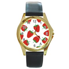 Seamless Pattern Fresh Strawberry Round Gold Metal Watch by Vaneshart