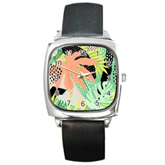 Abstract Seamless Pattern With Tropical Leaves Hand Draw Texture Vector Square Metal Watch by Vaneshart