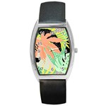 Abstract Seamless Pattern With Tropical Leaves Hand Draw Texture Vector Barrel Style Metal Watch Front