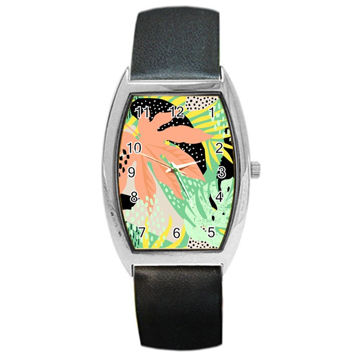 Abstract Seamless Pattern With Tropical Leaves Hand Draw Texture Vector Barrel Style Metal Watch