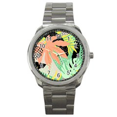 Abstract Seamless Pattern With Tropical Leaves Hand Draw Texture Vector Sport Metal Watch by Vaneshart