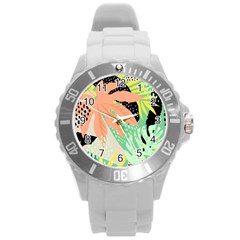 Abstract Seamless Pattern With Tropical Leaves Hand Draw Texture Vector Round Plastic Sport Watch (l) by Vaneshart