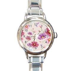 Vector Hand Drawn Cosmos Flower Pattern Round Italian Charm Watch by Sobalvarro