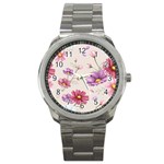 Vector Hand Drawn Cosmos Flower Pattern Sport Metal Watch Front