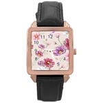 Vector Hand Drawn Cosmos Flower Pattern Rose Gold Leather Watch  Front