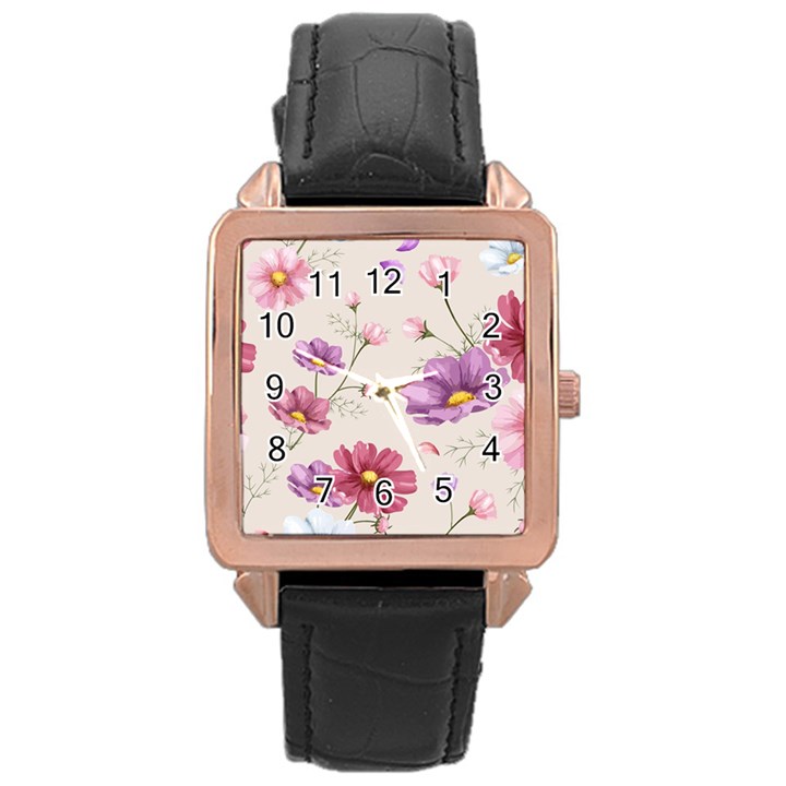 Vector Hand Drawn Cosmos Flower Pattern Rose Gold Leather Watch 