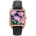 Vector Hand Drawn Orchid Flower Pattern Rose Gold Leather Watch  Front