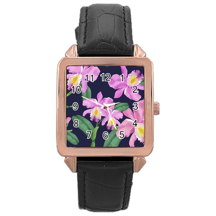 Vector Hand Drawn Orchid Flower Pattern Rose Gold Leather Watch 