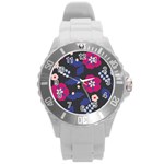 Vector Seamless Flower And Leaves Pattern Round Plastic Sport Watch (L) Front