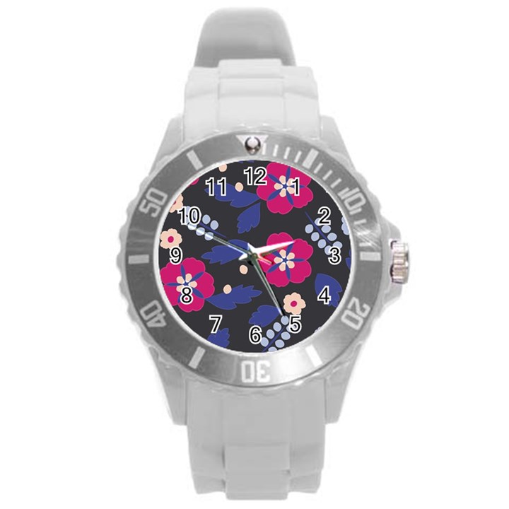 Vector Seamless Flower And Leaves Pattern Round Plastic Sport Watch (L)