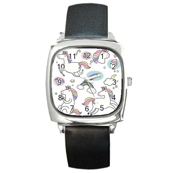 Cute Unicorns With Magical Elements Vector Square Metal Watch