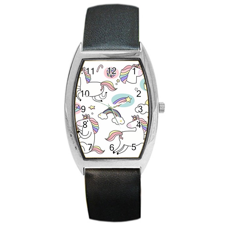 Cute Unicorns With Magical Elements Vector Barrel Style Metal Watch