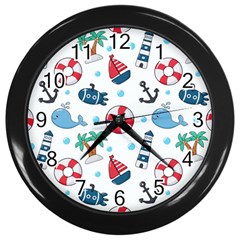 Seamless Pattern Nautical Icons Cartoon Style Wall Clock (black) by Vaneshart