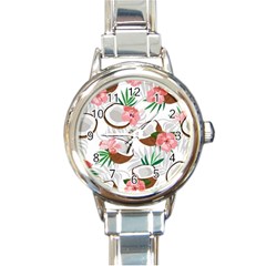 Seamless Pattern Coconut Piece Palm Leaves With Pink Hibiscus Round Italian Charm Watch by Vaneshart