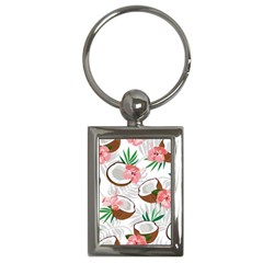 Seamless Pattern Coconut Piece Palm Leaves With Pink Hibiscus Key Chain (rectangle) by Vaneshart