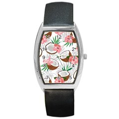 Seamless Pattern Coconut Piece Palm Leaves With Pink Hibiscus Barrel Style Metal Watch by Vaneshart