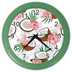 Seamless Pattern Coconut Piece Palm Leaves With Pink Hibiscus Color Wall Clock by Vaneshart