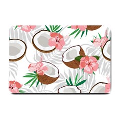 Seamless Pattern Coconut Piece Palm Leaves With Pink Hibiscus Small Doormat  by Vaneshart