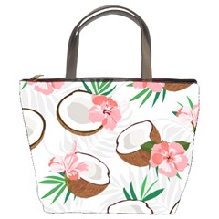 Seamless Pattern Coconut Piece Palm Leaves With Pink Hibiscus Bucket Bag by Vaneshart