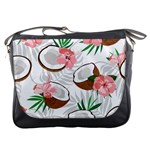 Seamless Pattern Coconut Piece Palm Leaves With Pink Hibiscus Messenger Bag Front