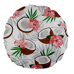 Seamless Pattern Coconut Piece Palm Leaves With Pink Hibiscus Large 18  Premium Round Cushions by Vaneshart