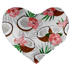 Seamless Pattern Coconut Piece Palm Leaves With Pink Hibiscus Large 19  Premium Flano Heart Shape Cushions by Vaneshart