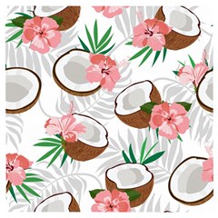 Seamless Pattern Coconut Piece Palm Leaves With Pink Hibiscus Wooden Puzzle Square by Vaneshart