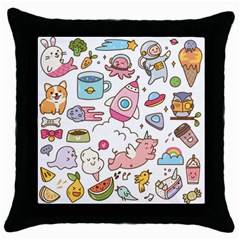 Set Kawaii Doodles Throw Pillow Case (black) by Vaneshart