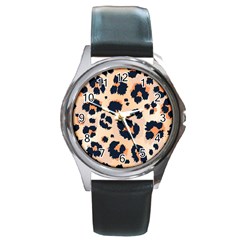 Leopard Pattern Funny Drawing Seamless Pattern Round Metal Watch by Vaneshart