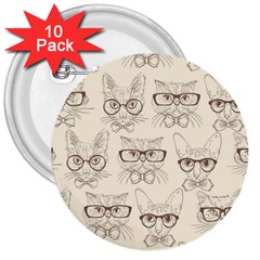 Seamless Pattern Hand Drawn Cats With Hipster Accessories 3  Buttons (10 Pack)  by Vaneshart