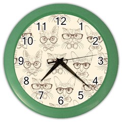 Seamless Pattern Hand Drawn Cats With Hipster Accessories Color Wall Clock by Vaneshart