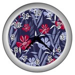 Abstract Seamless Pattern With Colorful Tropical Leaves Flowers Purple Wall Clock (Silver) Front