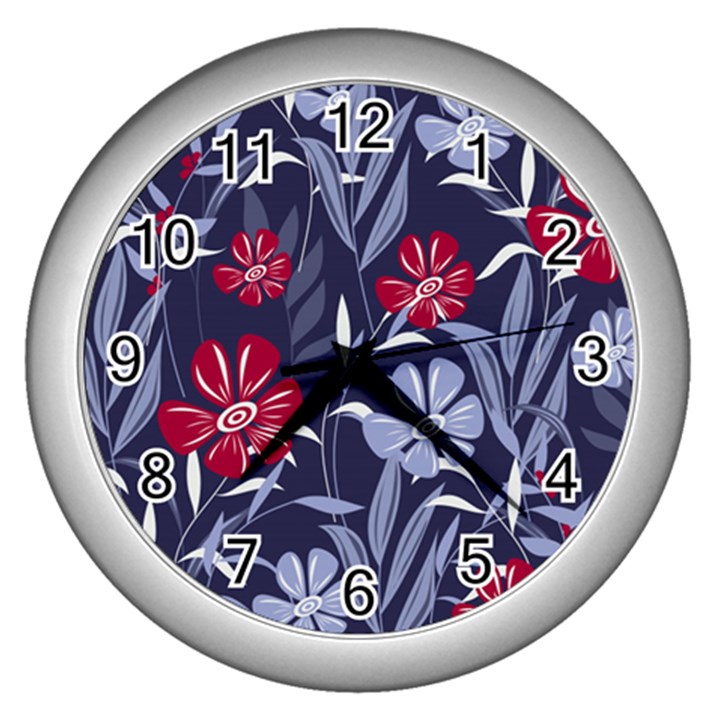 Abstract Seamless Pattern With Colorful Tropical Leaves Flowers Purple Wall Clock (Silver)