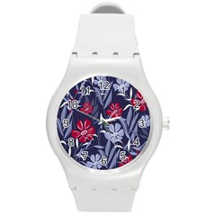 Abstract Seamless Pattern With Colorful Tropical Leaves Flowers Purple Round Plastic Sport Watch (m) by Vaneshart