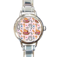 Cat Seamless Pattern Round Italian Charm Watch by Vaneshart