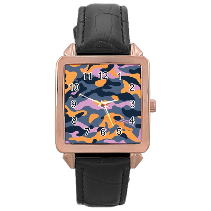 Camouflage Background Textile Uniform Seamless Pattern Rose Gold Leather Watch 