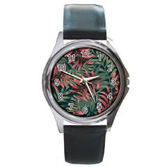 Trending Abstract Seamless Pattern With Colorful Tropical Leaves Plants Green Round Metal Watch by Vaneshart