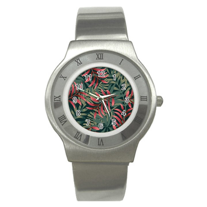 Trending Abstract Seamless Pattern With Colorful Tropical Leaves Plants Green Stainless Steel Watch